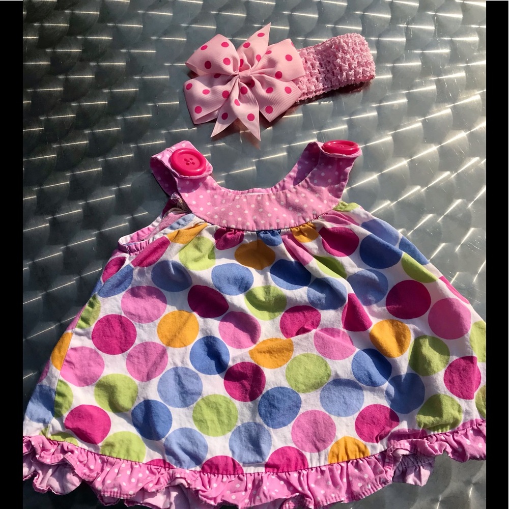 3-6M polka dot swing dress w/ pink polka dot bow